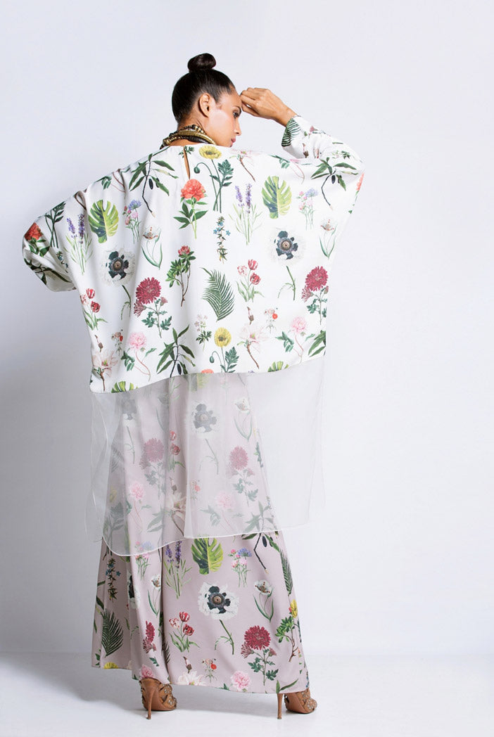 Ivory Printed Crepe with Ivory Organga Kaftan Kurta with Lilac Printed Semi Crepe Palazzo