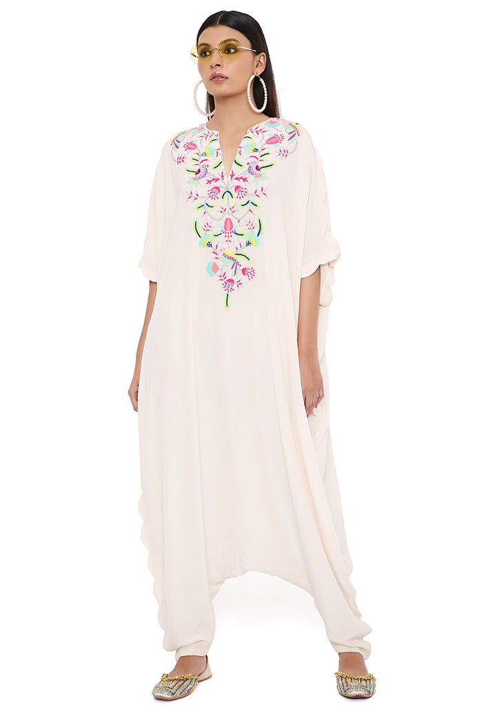 Kara Stone Crepe Embroidered Yoke Scalloped Edge Jumpsuit