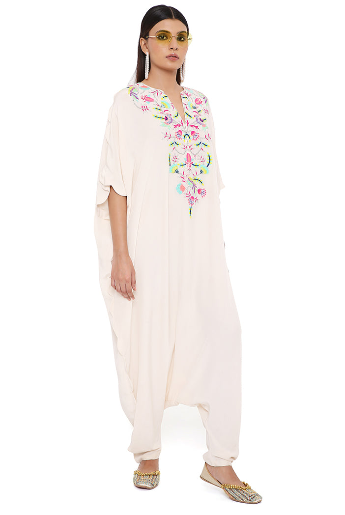 Kara Stone Crepe Embroidered Yoke Scalloped Edge Jumpsuit