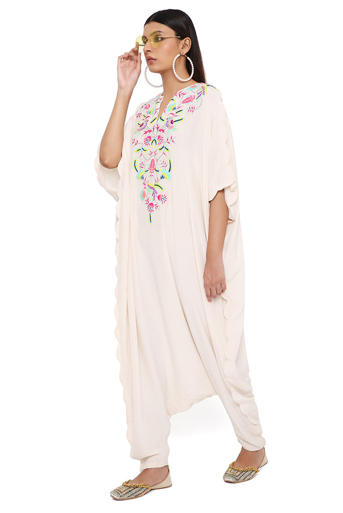 Kara Stone Crepe Embroidered Yoke Scalloped Edge Jumpsuit