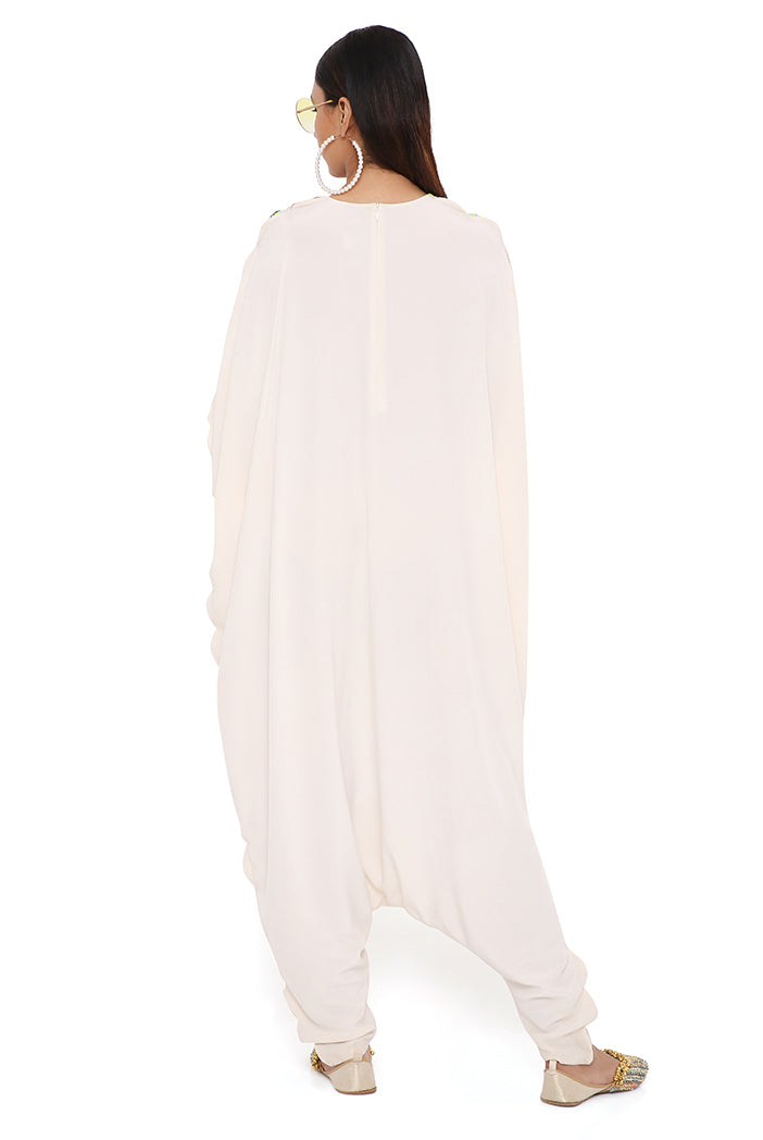 Kara Stone Crepe Embroidered Yoke Scalloped Edge Jumpsuit