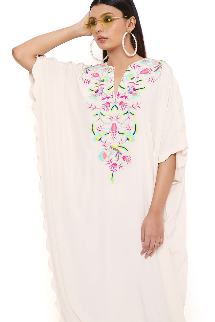 Kara Stone Crepe Embroidered Yoke Scalloped Edge Jumpsuit