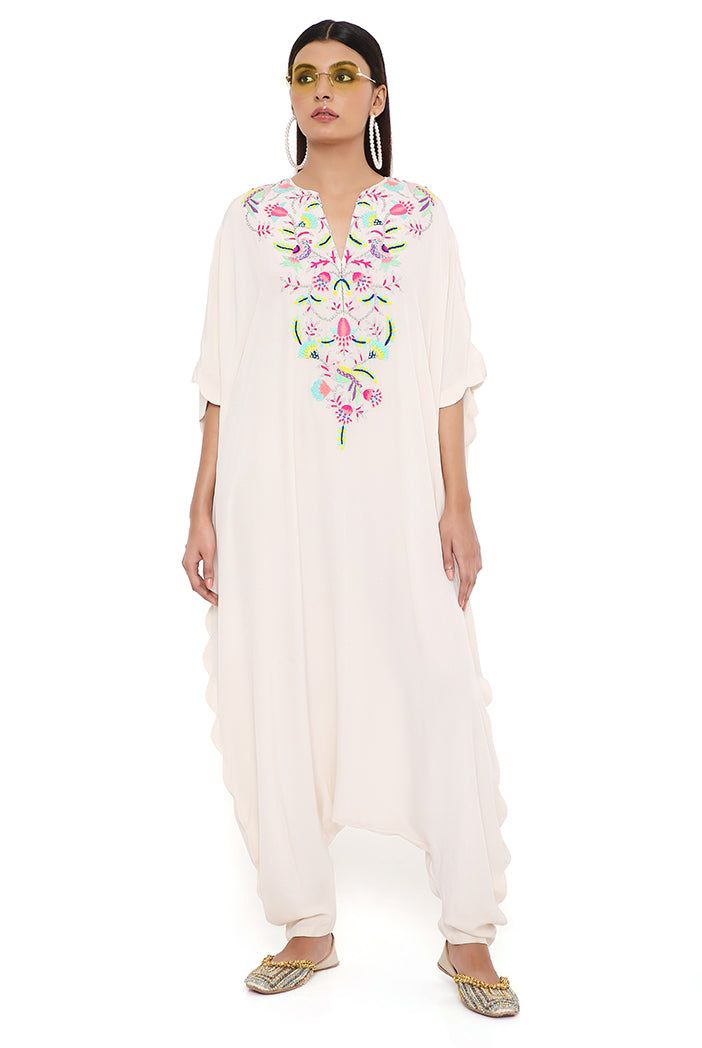 Kara Stone Crepe Embroidered Yoke Scalloped Edge Jumpsuit