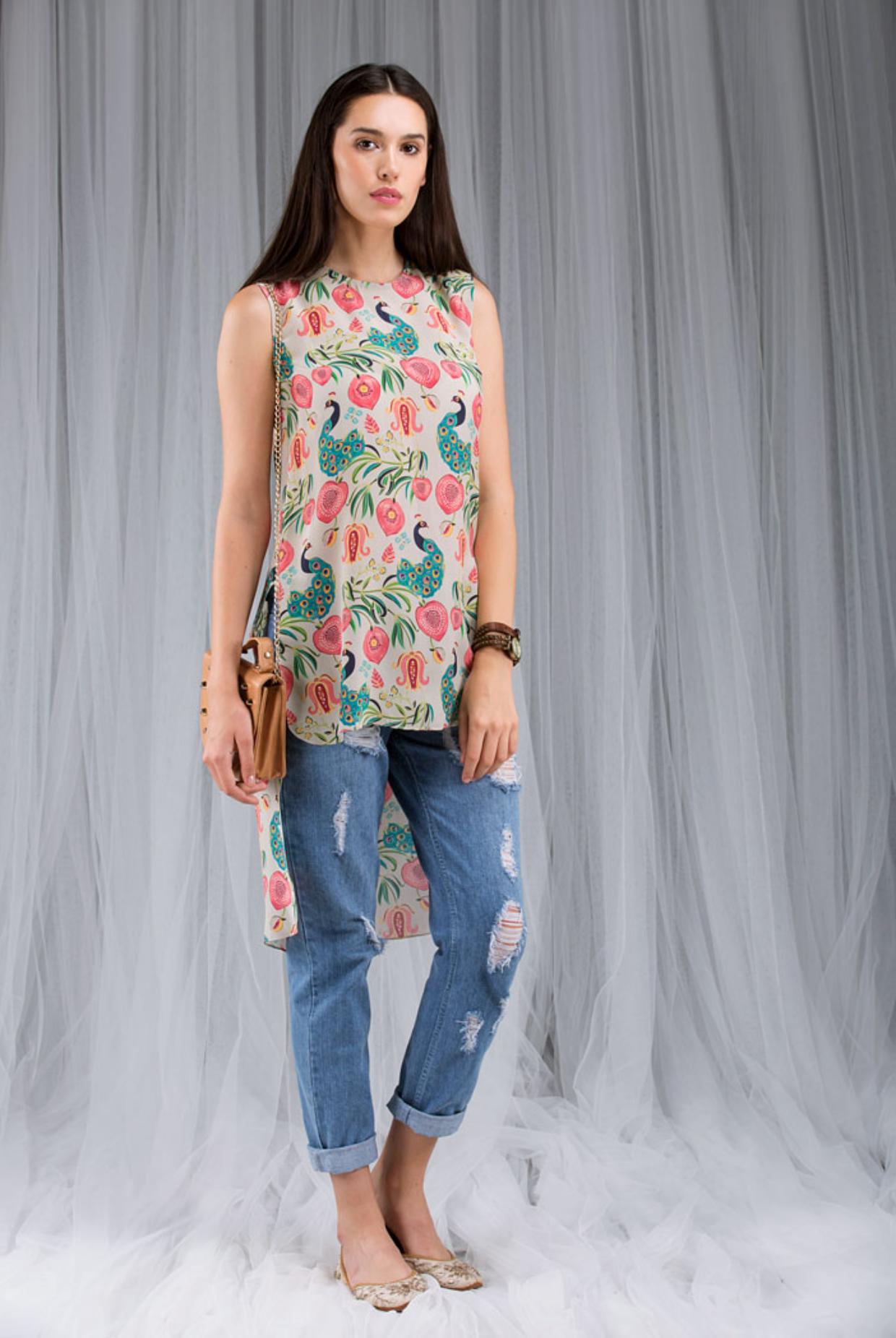 Khaki Anaar aur Mor Print High-Low Tunic