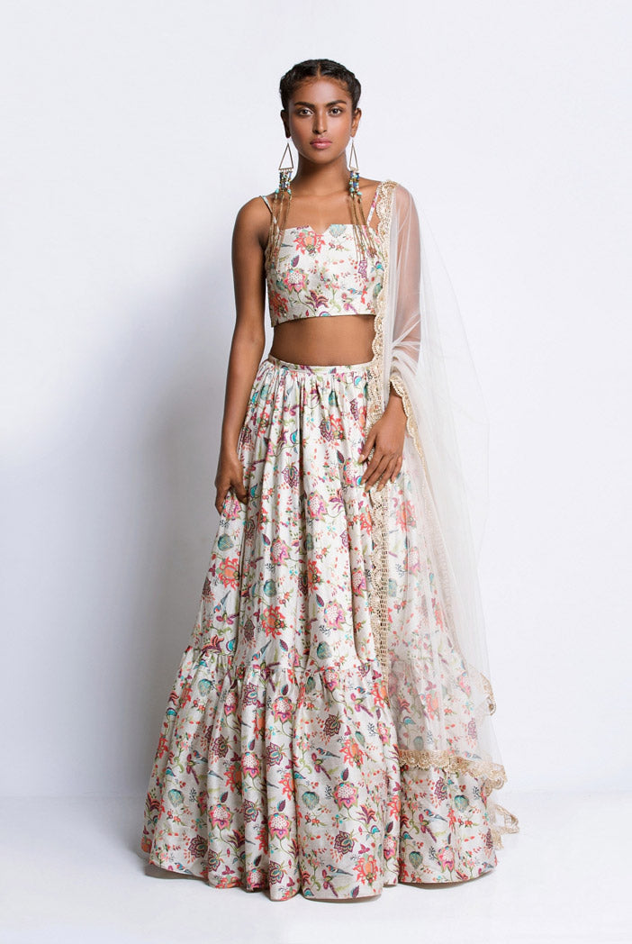 Khaki Printed Dupion Silk Bustier and Frill Hem Skirt and Tulle Dupatta