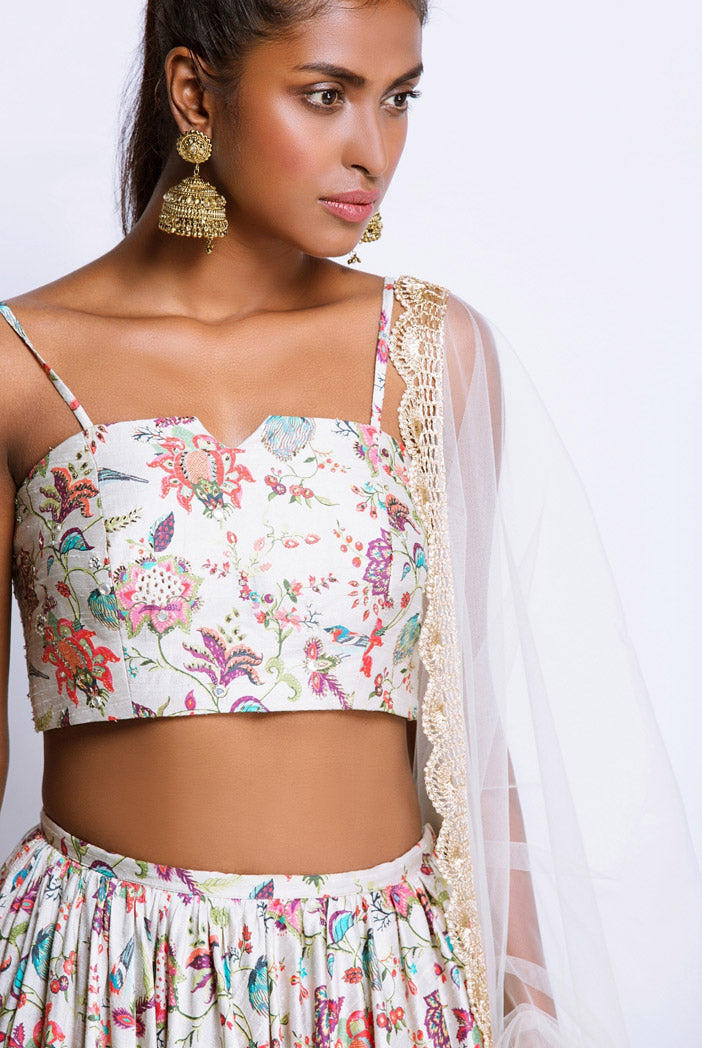 Khaki Printed Dupion Silk Bustier and Frill Hem Skirt and Tulle Dupatta
