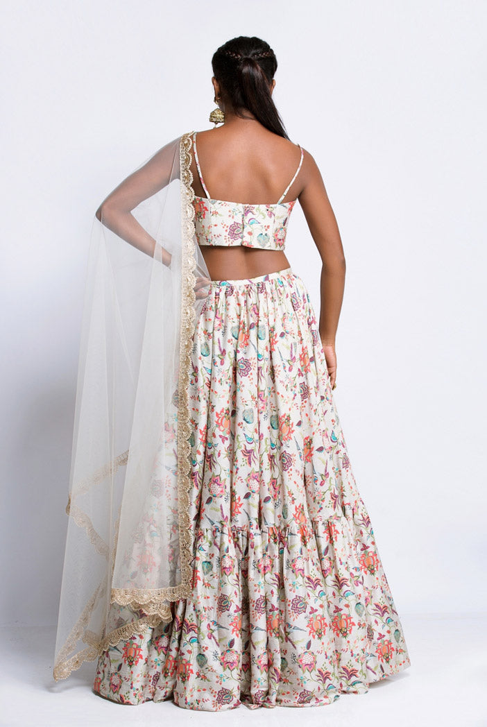 Khaki Printed Dupion Silk Bustier and Frill Hem Skirt and Tulle Dupatta