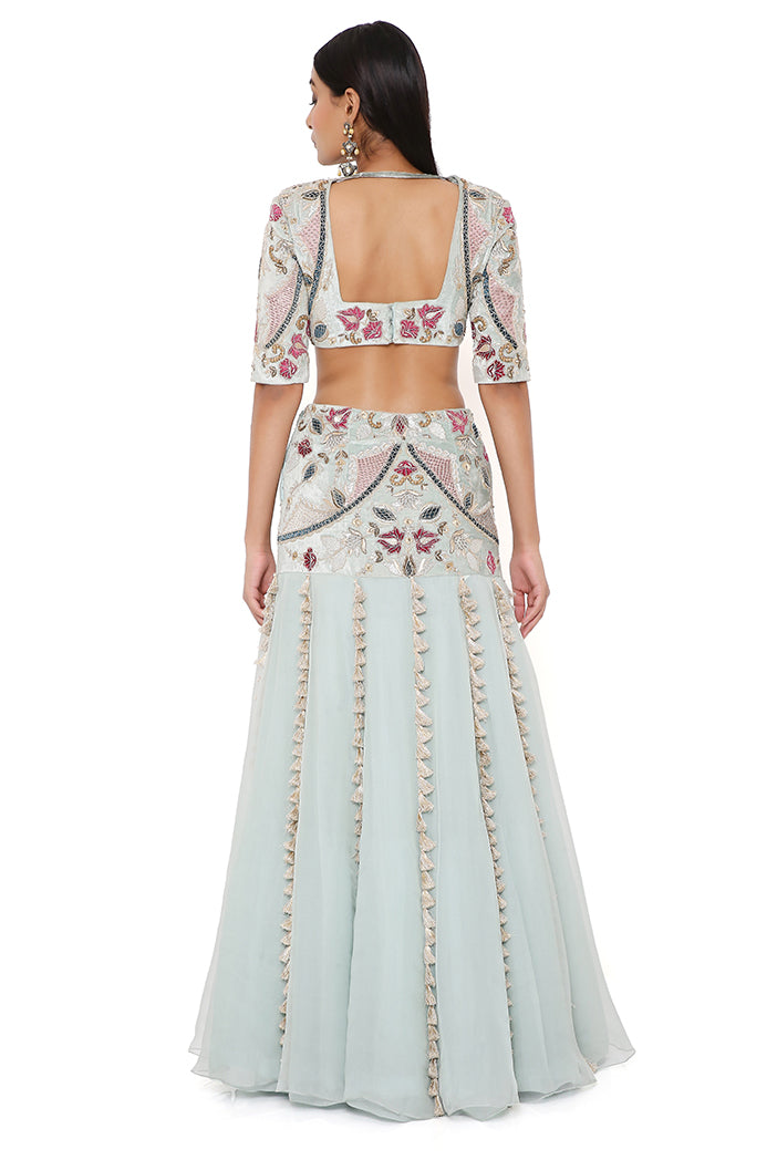 Kresha Powder Blue Velvet Embroidered Choli With Velvet Basque Organza Lehenga And Mukaish Net Dupatta