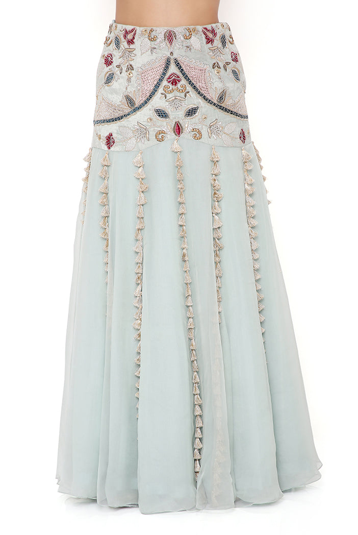 Kresha Powder Blue Velvet Embroidered Choli With Velvet Basque Organza Lehenga And Mukaish Net Dupatta