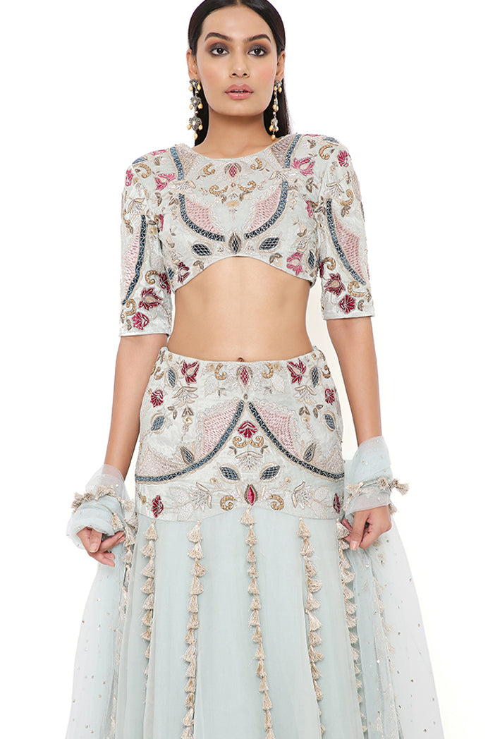 Kresha Powder Blue Velvet Embroidered Choli With Velvet Basque Organza Lehenga And Mukaish Net Dupatta