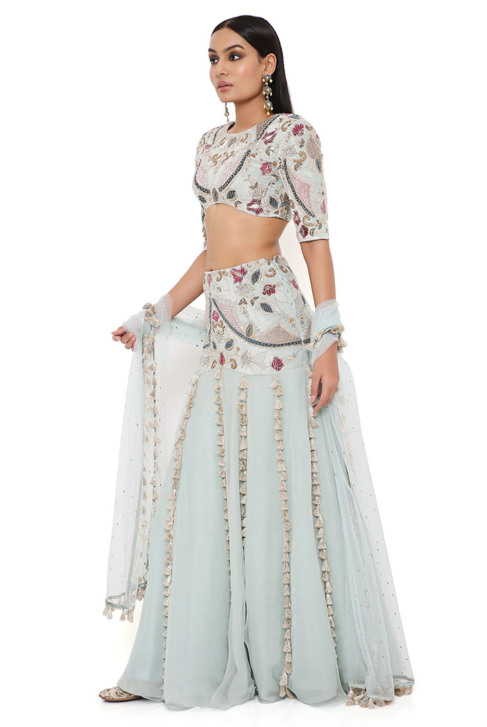 Kresha Powder Blue Velvet Embroidered Choli With Velvet Basque Organza Lehenga And Mukaish Net Dupatta