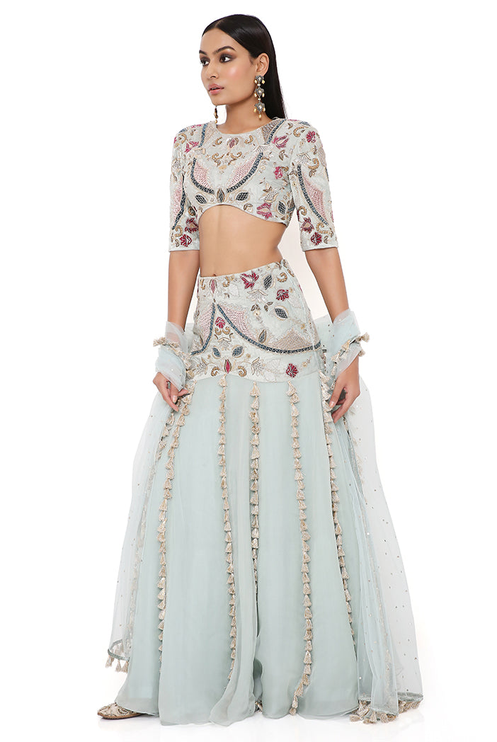 Kresha Powder Blue Velvet Embroidered Choli With Velvet Basque Organza Lehenga And Mukaish Net Dupatta