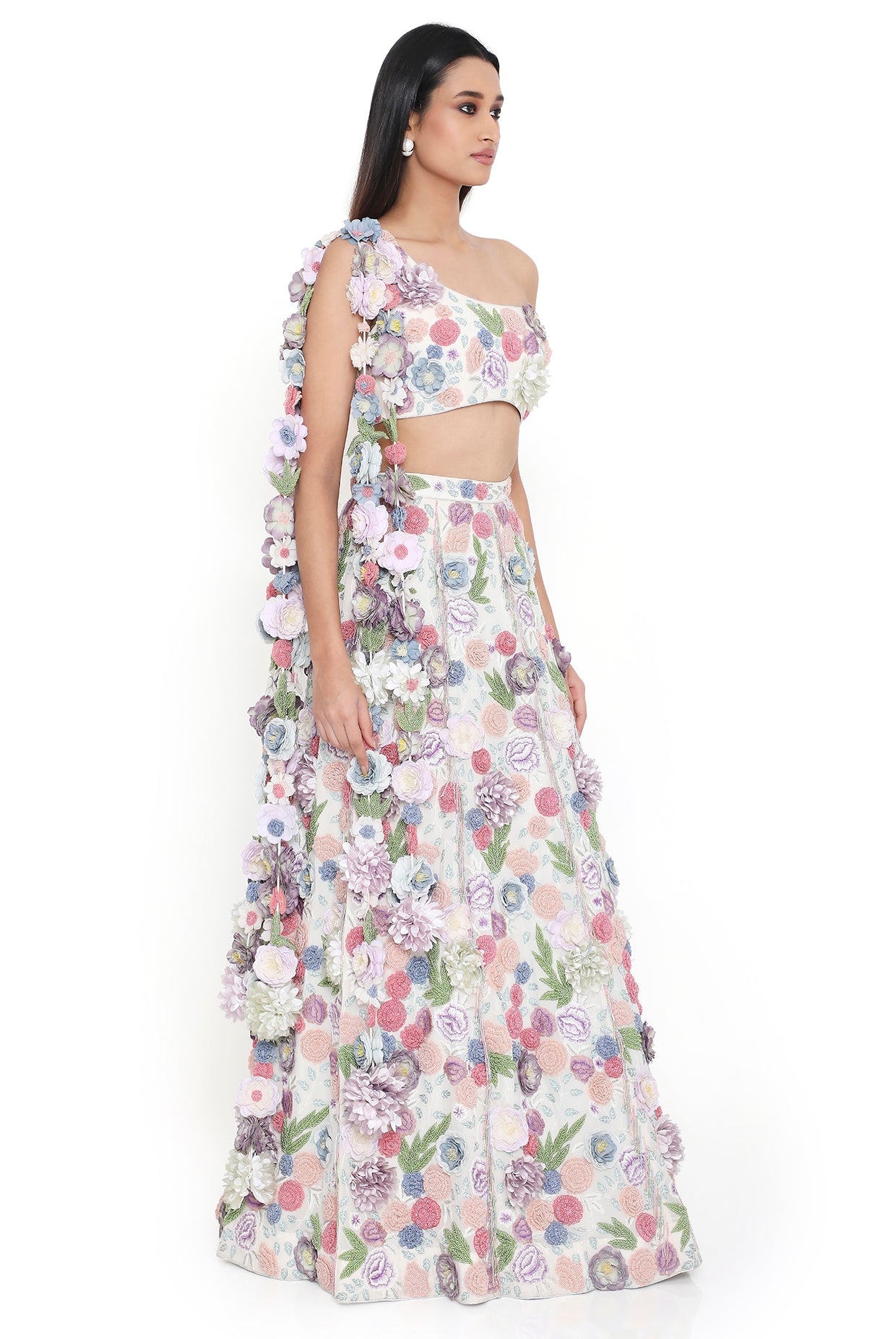 Lana Off White Embroiderd Choli With Hanging Flowered Tassels On Shoulder And Lehenga