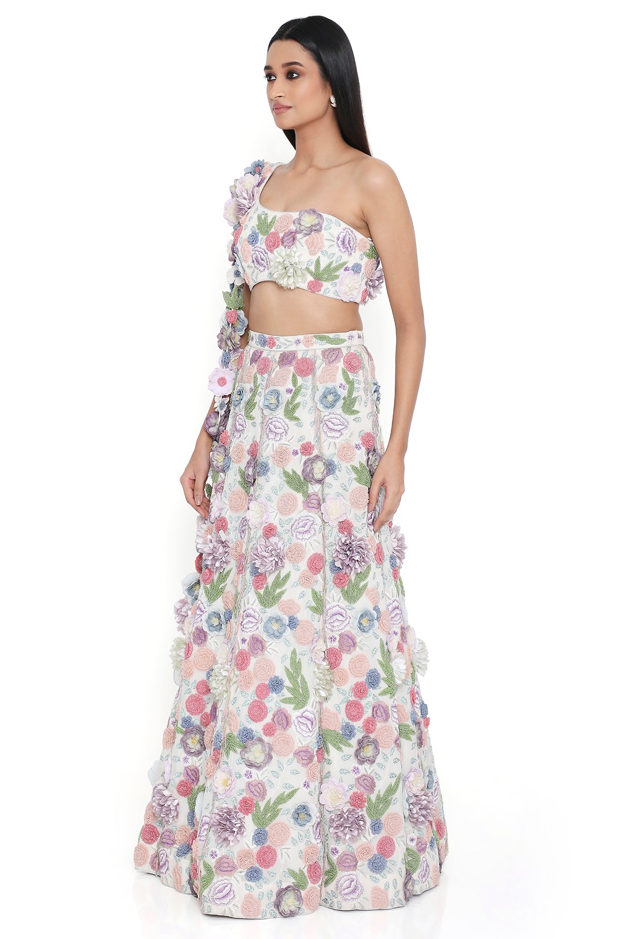 Lana Off White Embroiderd Choli With Hanging Flowered Tassels On Shoulder And Lehenga