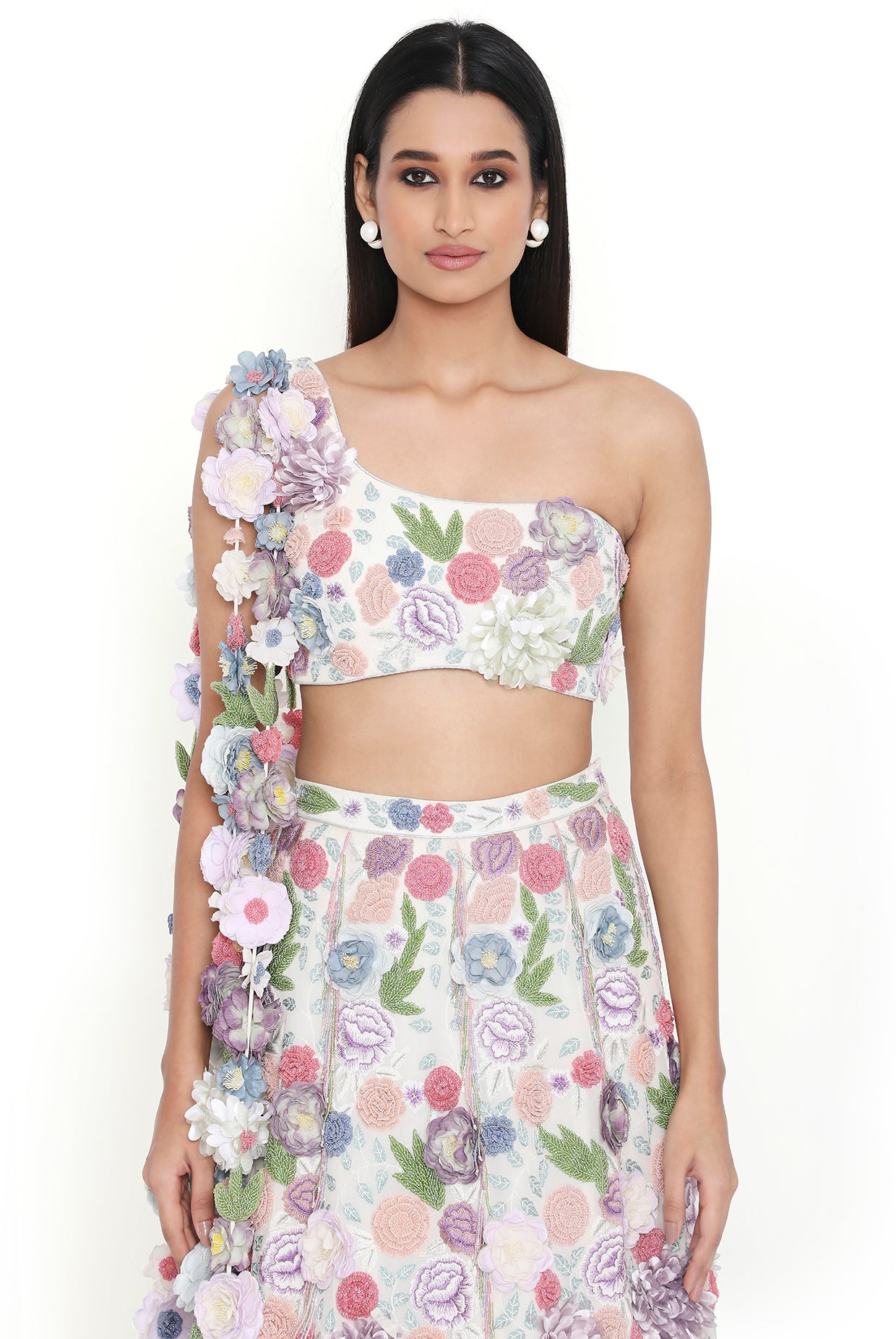 Lana Off White Embroiderd Choli With Hanging Flowered Tassels On Shoulder And Lehenga