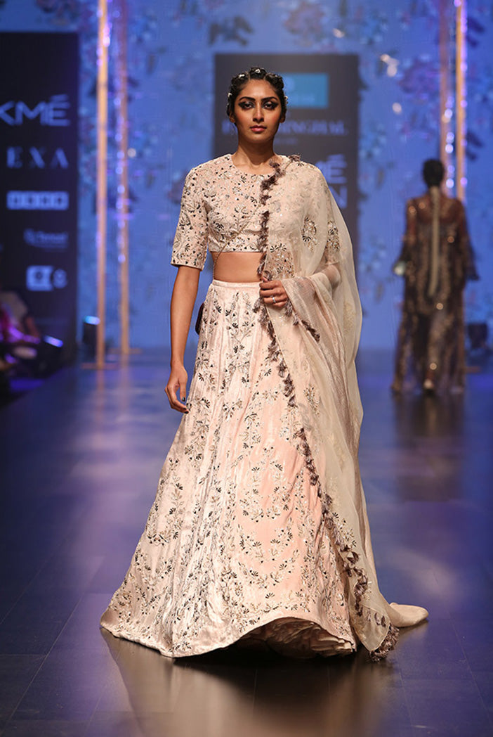 Larisa Stone Velvet Choli and Lehenga with Organza and Chanderi Stripe Dupatta