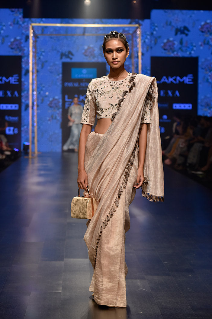 Latifa Stone Velvet Choli with Chanderi Stripe Saree and Velvet Petticoat