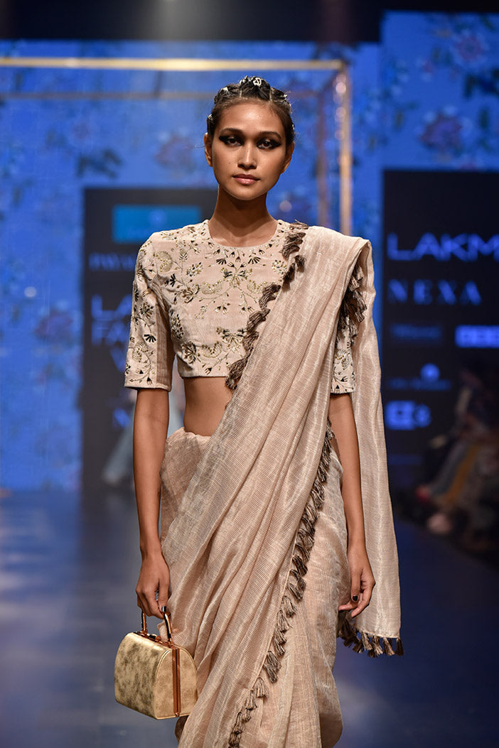 Latifa Stone Velvet Choli with Chanderi Stripe Saree and Velvet Petticoat