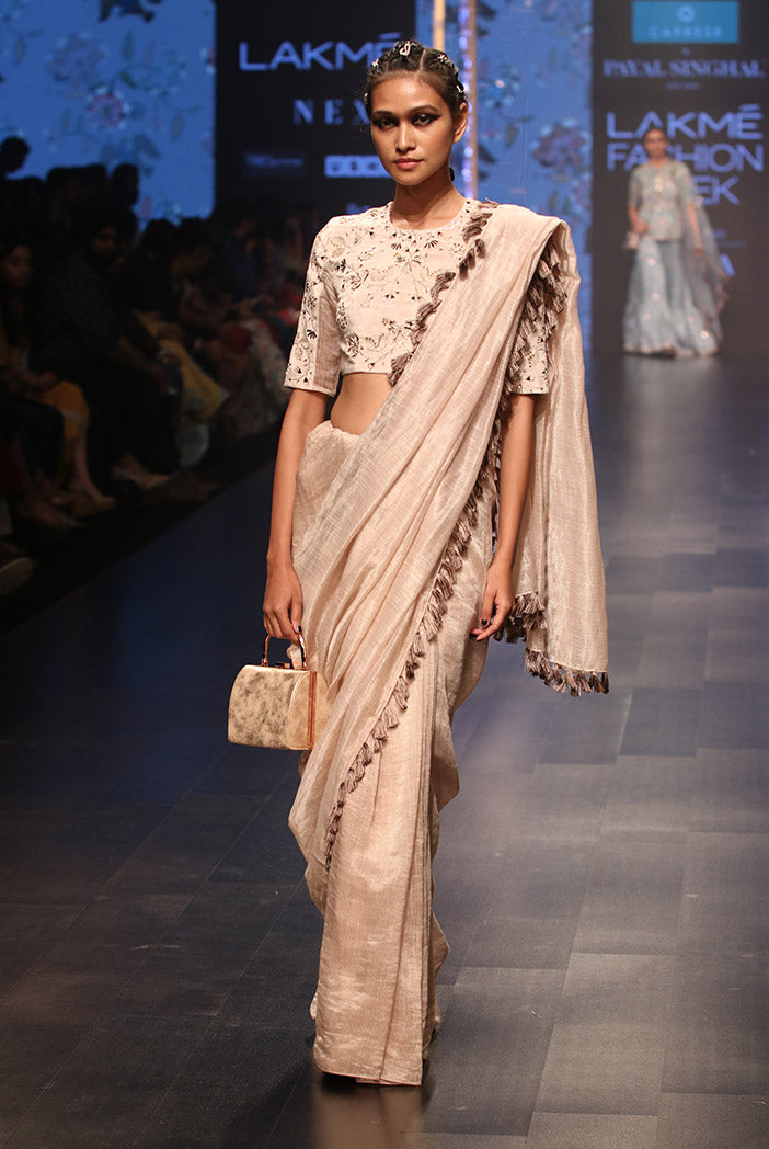 Latifa Stone Velvet Choli with Chanderi Stripe Saree and Velvet Petticoat