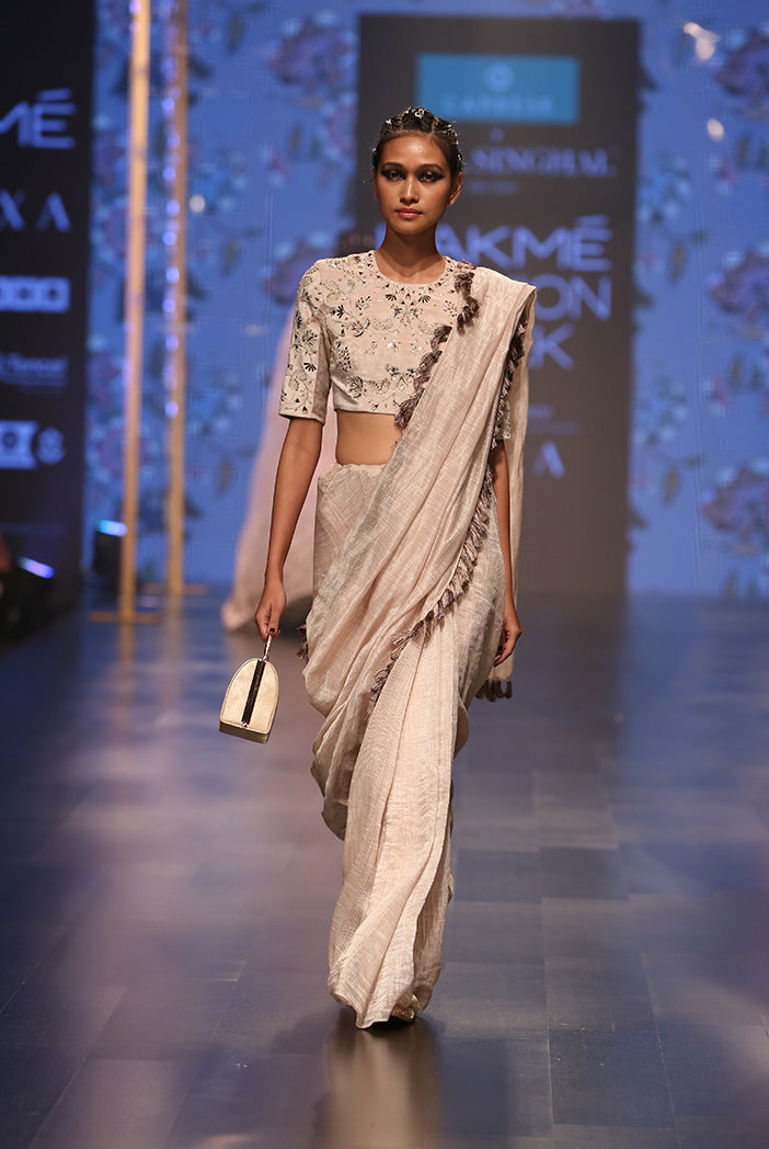 Latifa Stone Velvet Choli with Chanderi Stripe Saree and Velvet Petticoat
