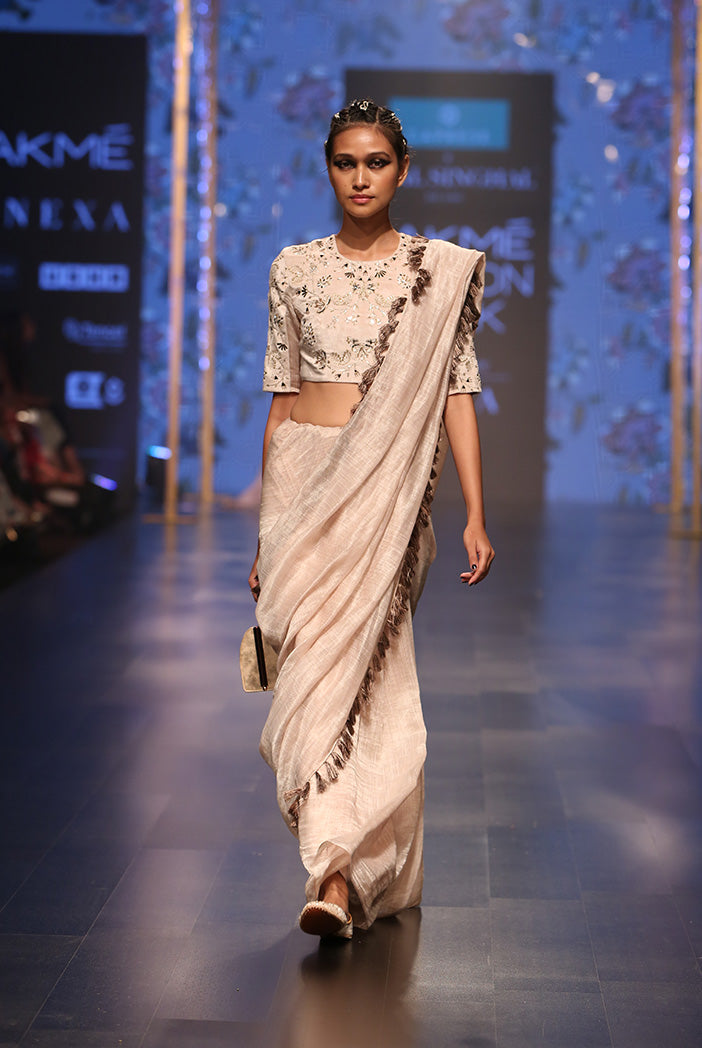 Latifa Stone Velvet Choli with Chanderi Stripe Saree and Velvet Petticoat