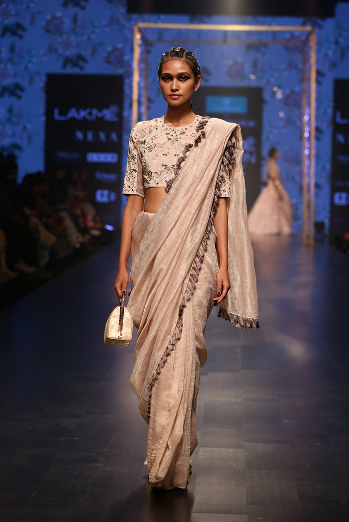 Latifa Stone Velvet Choli with Chanderi Stripe Saree and Velvet Petticoat