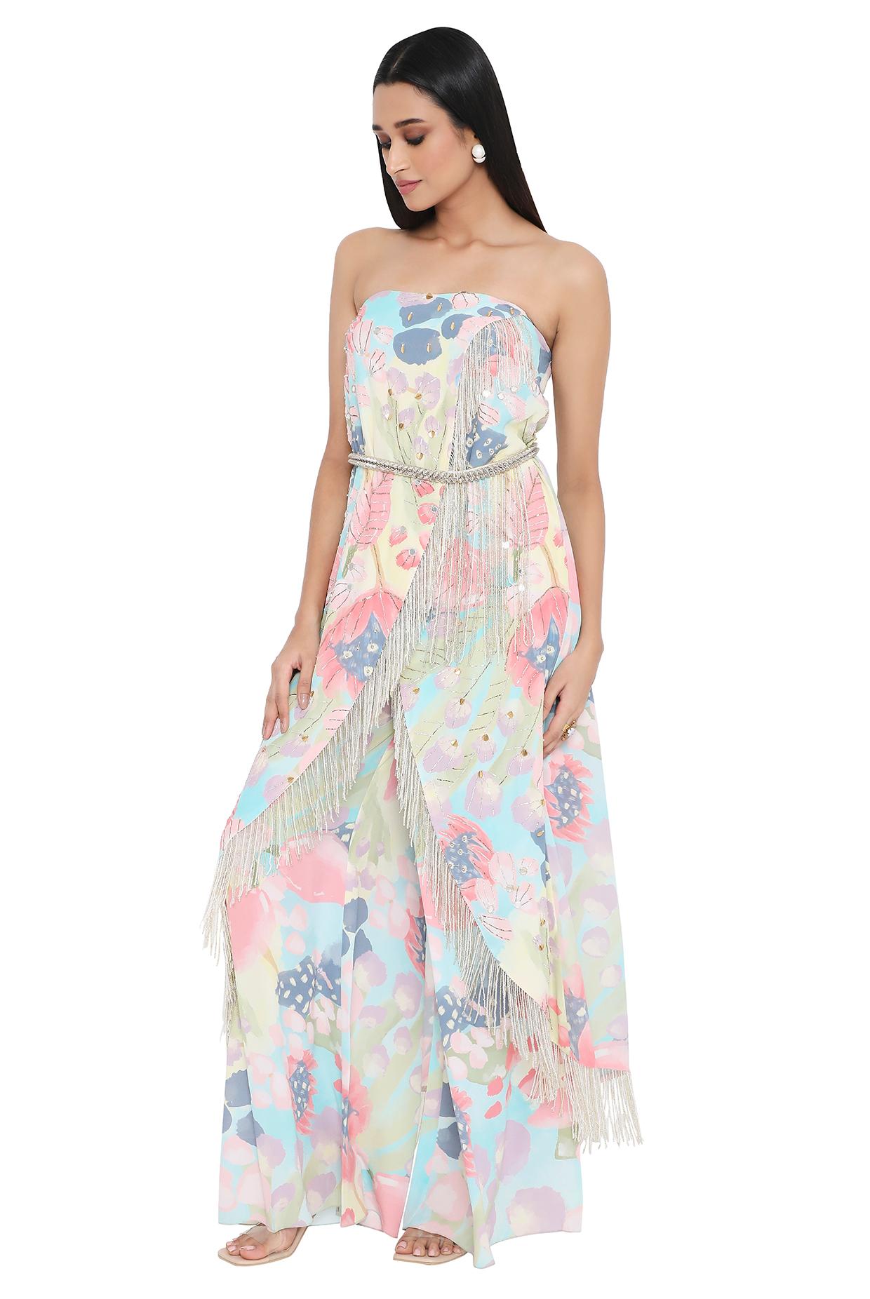 Lavender Embroidered Tube Kurta With Leather Embroidered Belt And Printed Palazzo