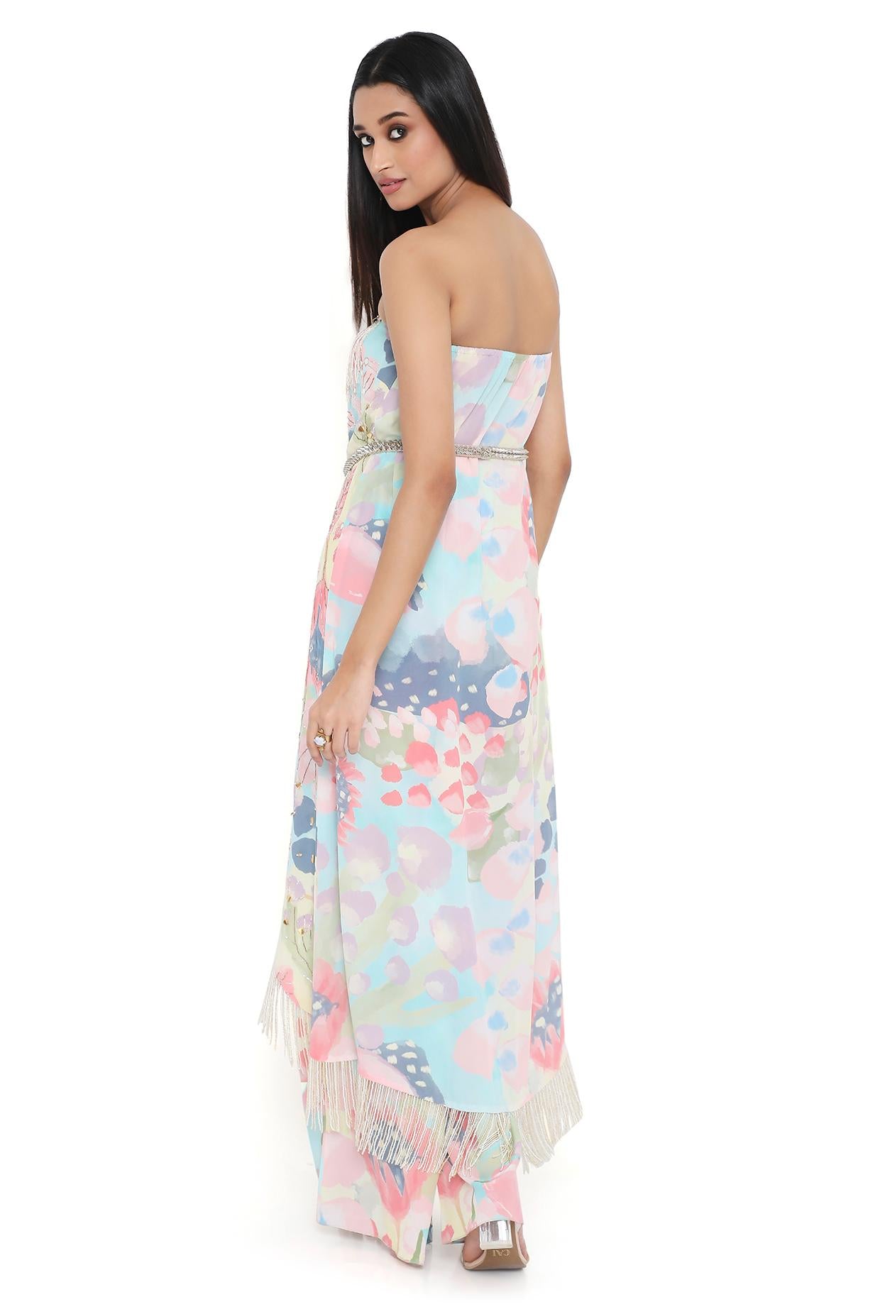 Lavender Embroidered Tube Kurta With Leather Embroidered Belt And Printed Palazzo