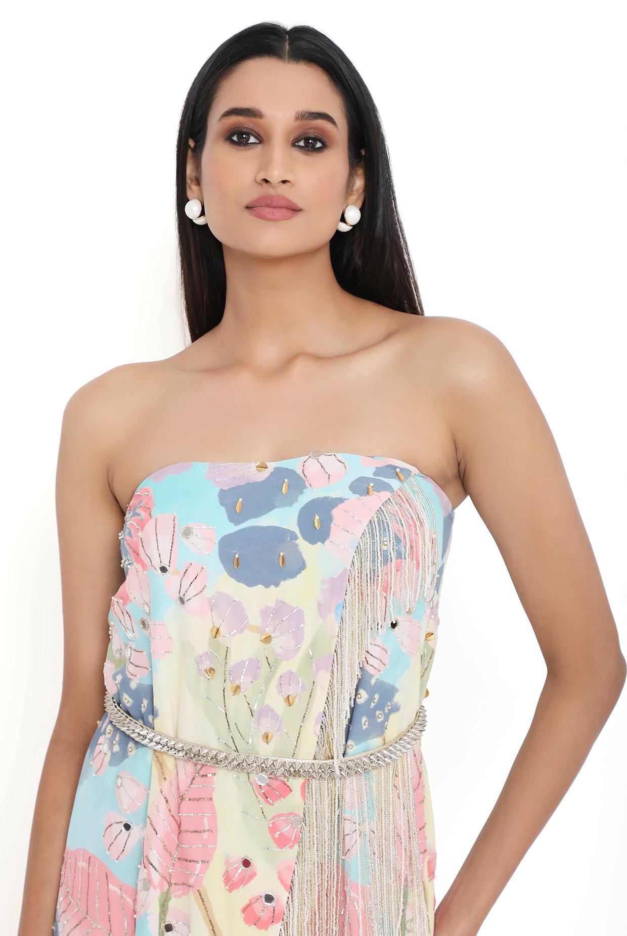 Lavender Embroidered Tube Kurta With Leather Embroidered Belt And Printed Palazzo
