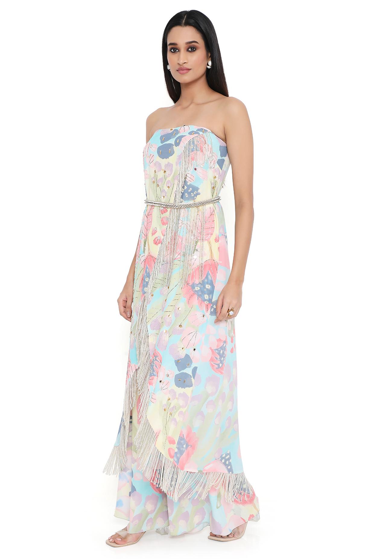 Lavender Embroidered Tube Kurta With Leather Embroidered Belt And Printed Palazzo