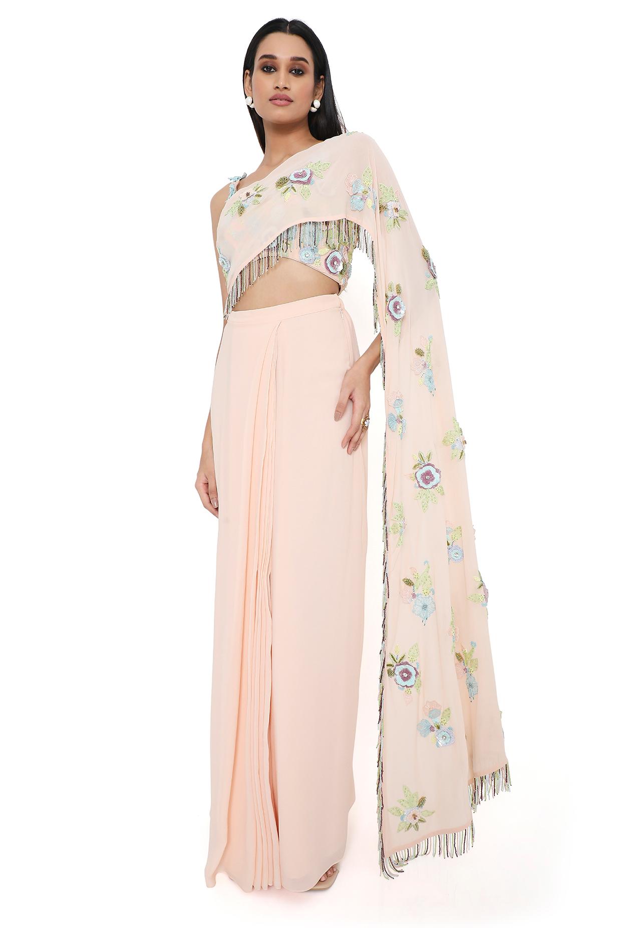 Leona Peach Embroidered Choli With Attached Embroidered Pallu And Pre-Stitched Skirt