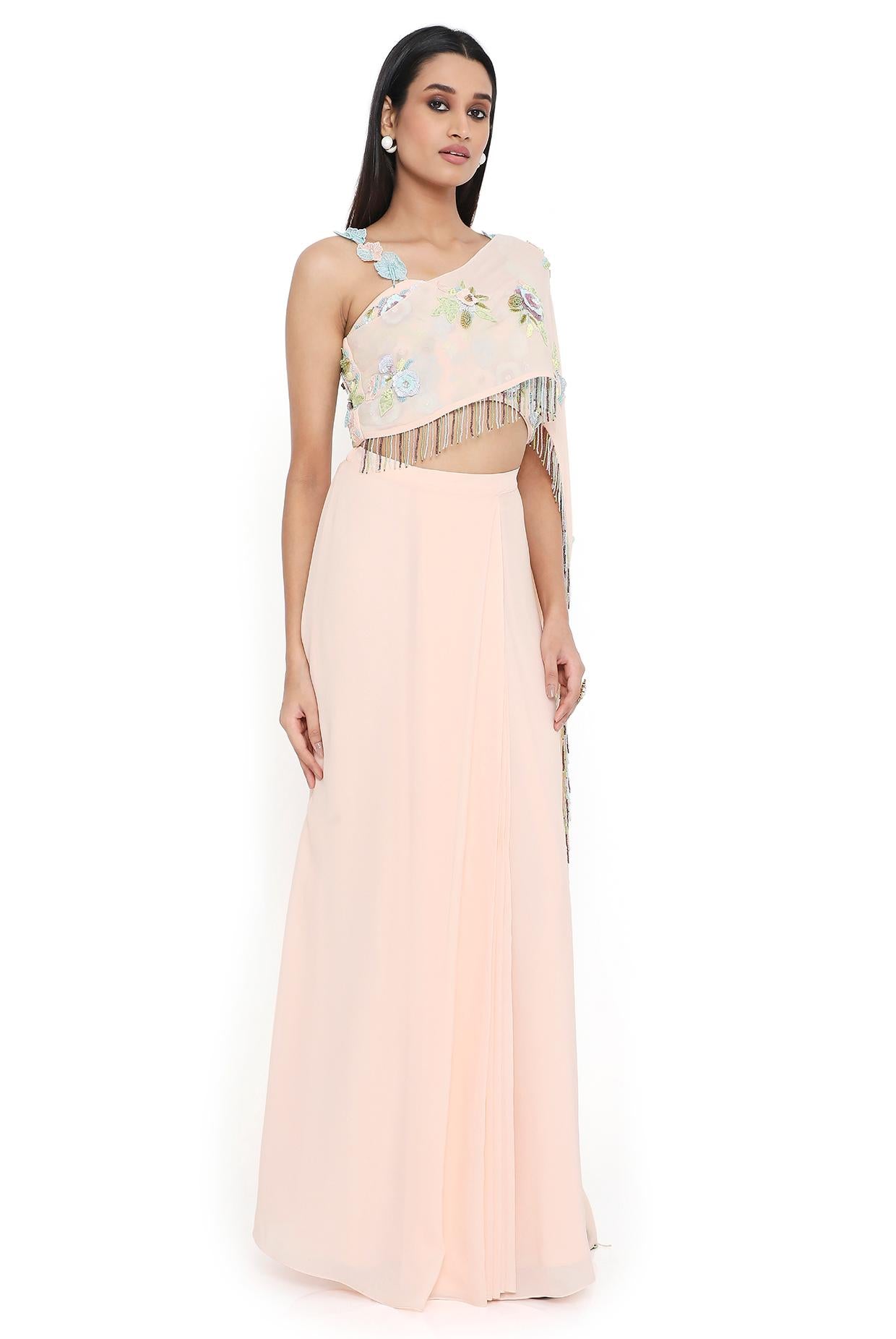 Leona Peach Embroidered Choli With Attached Embroidered Pallu And Pre-Stitched Skirt