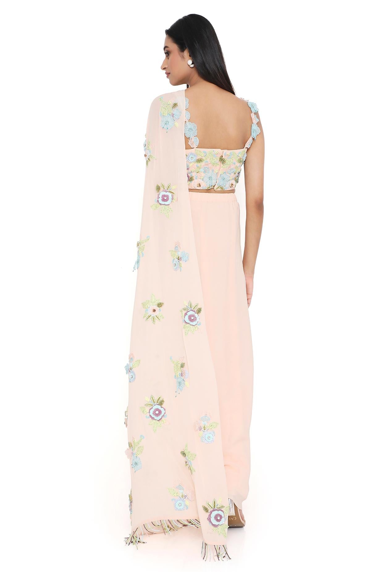 Leona Peach Embroidered Choli With Attached Embroidered Pallu And Pre-Stitched Skirt