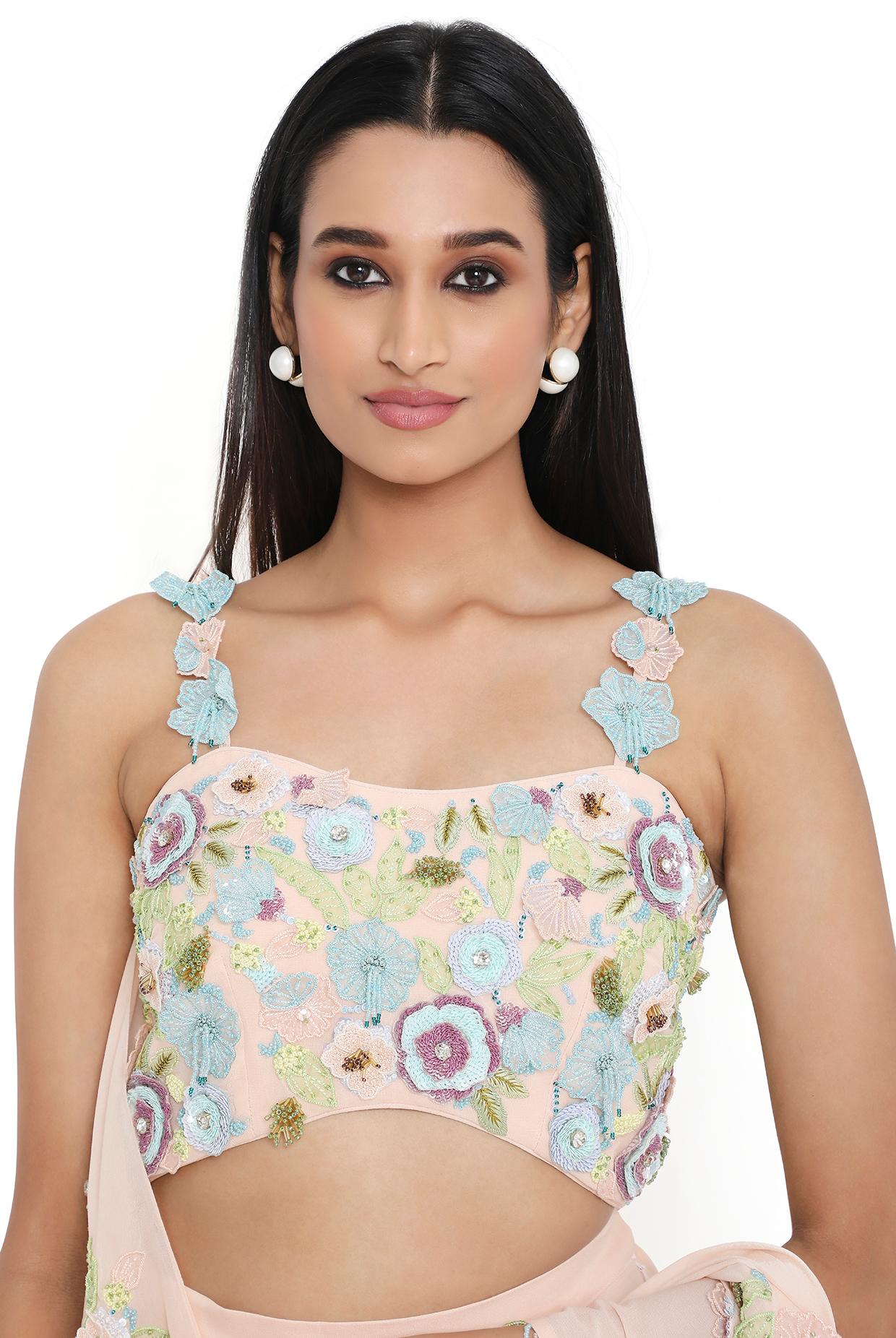 Leona Peach Embroidered Choli With Attached Embroidered Pallu And Pre-Stitched Skirt