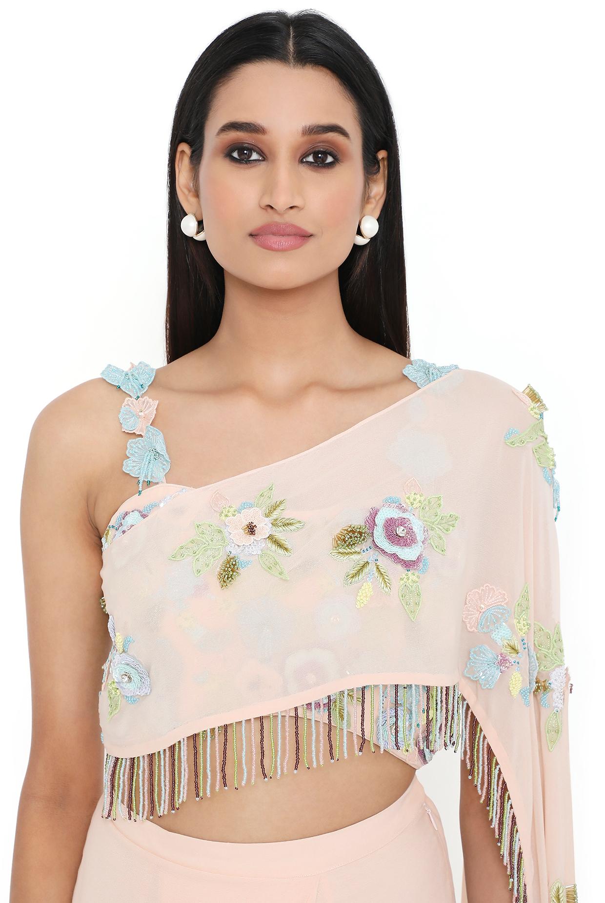 Leona Peach Embroidered Choli With Attached Embroidered Pallu And Pre-Stitched Skirt