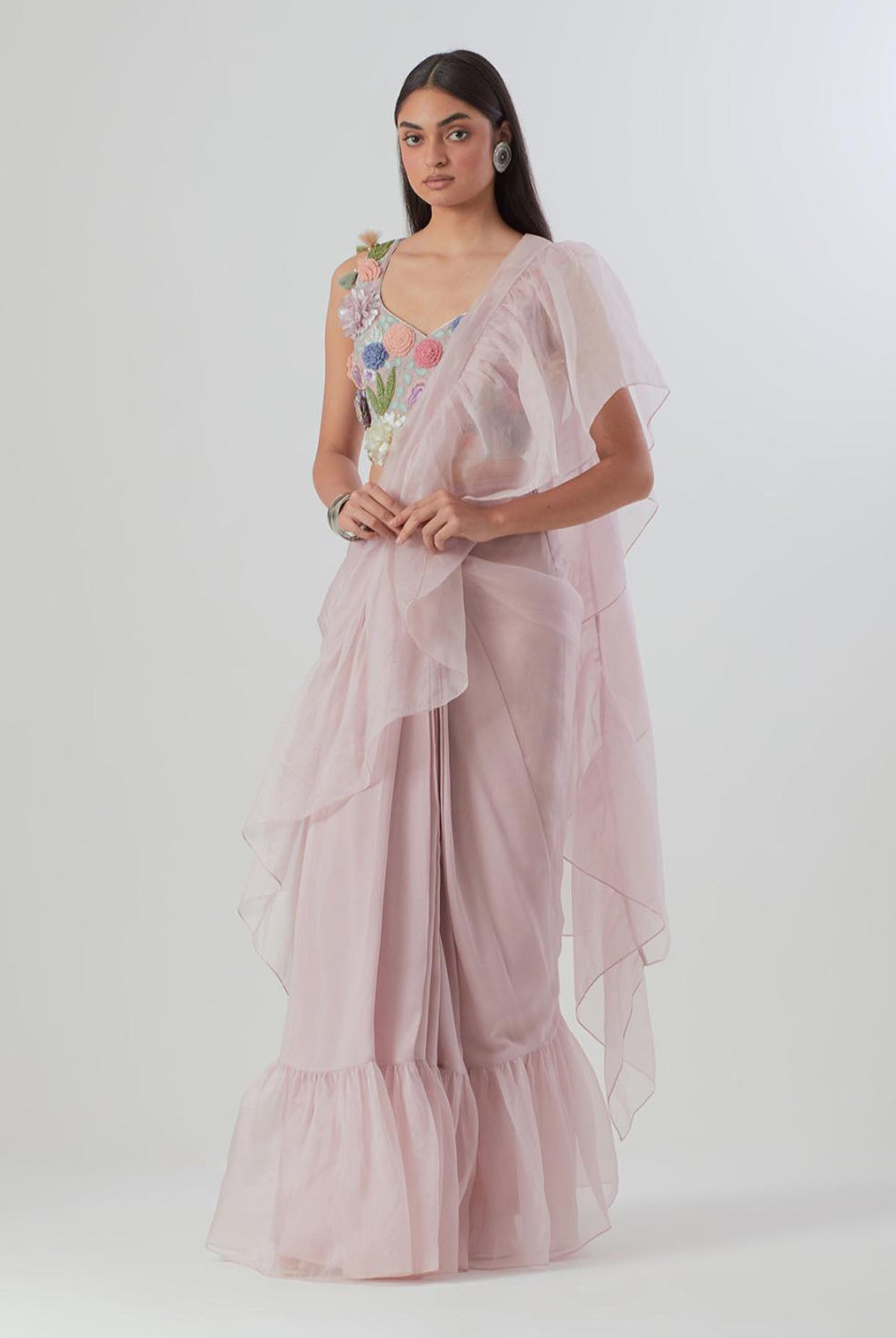 Lilac Embroidered Choli And Pre-Stitched Saree With Frill