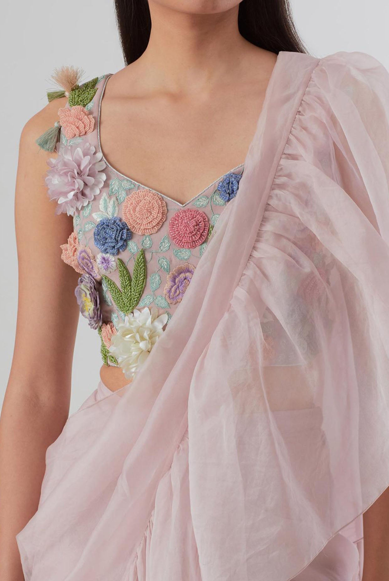 Lilac Embroidered Choli And Pre-Stitched Saree With Frill