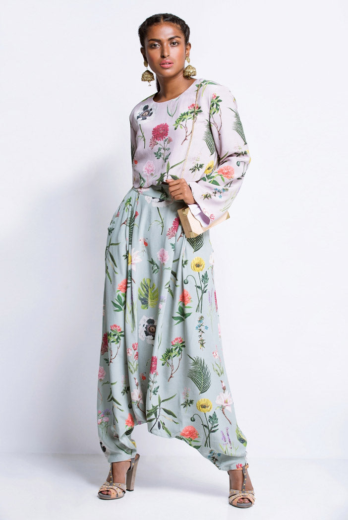 Lilac Printed Crepe Crop top and Aqua Printed Crepe Low Crotch Pant