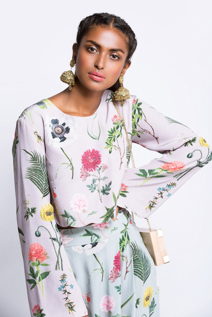 Lilac Printed Crepe Crop top and Aqua Printed Crepe Low Crotch Pant