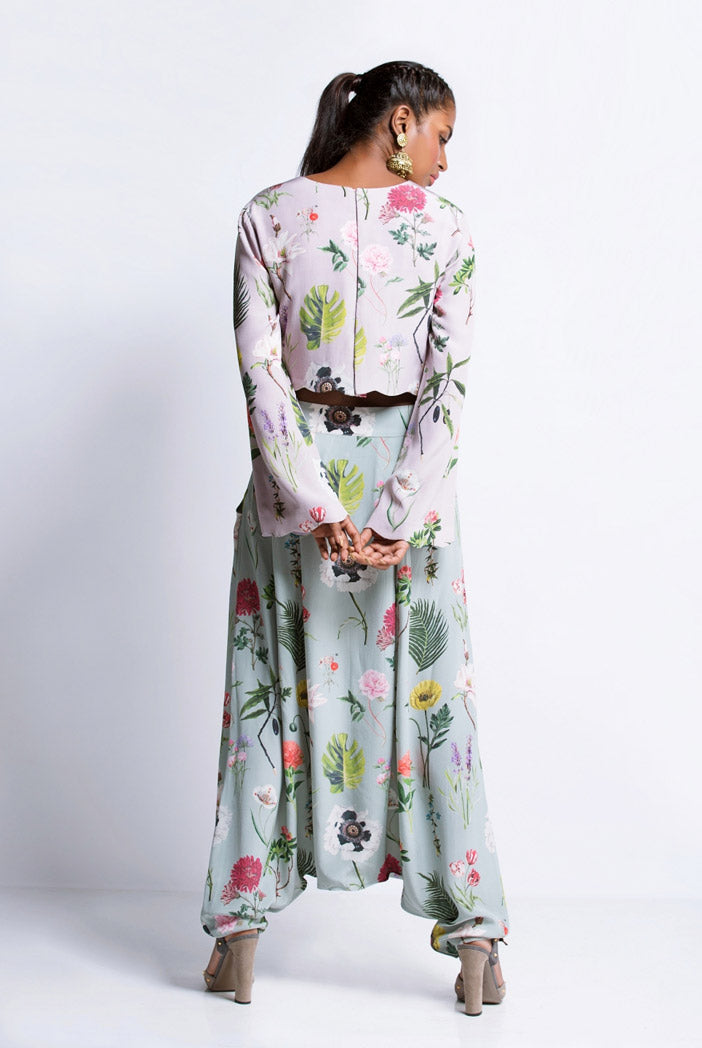 Lilac Printed Crepe Crop top and Aqua Printed Crepe Low Crotch Pant