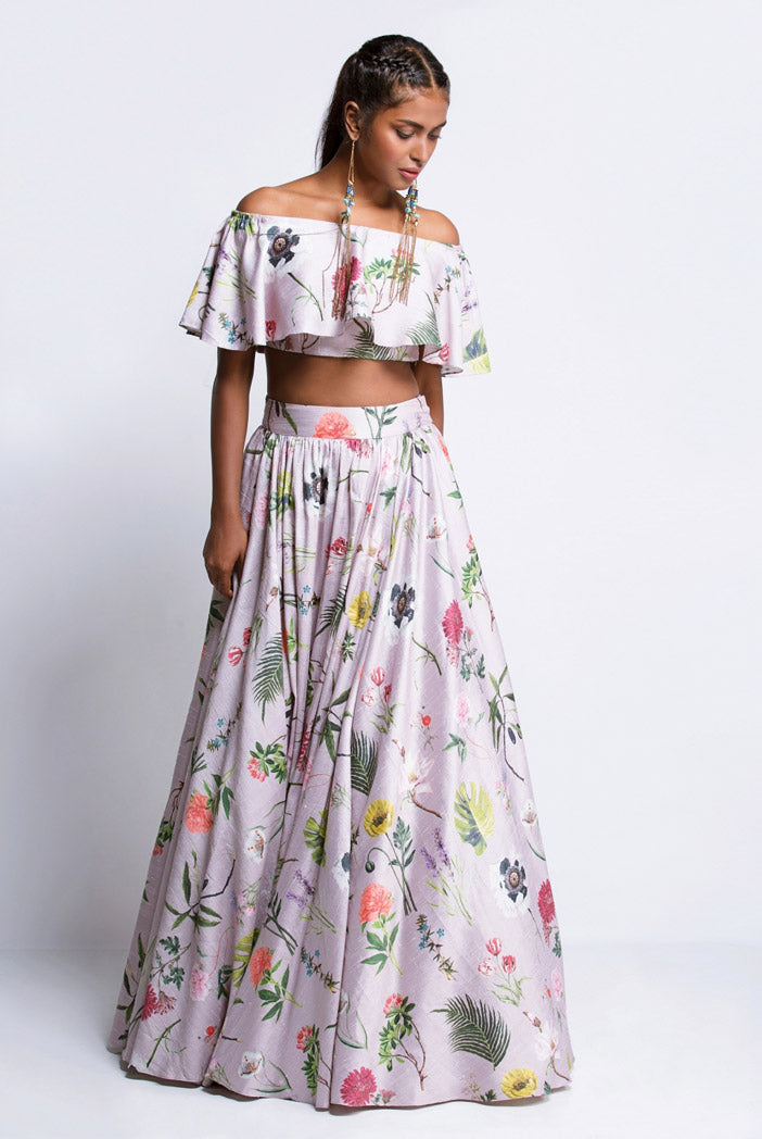 Lilac Printed Dupion Silk Ruffle Top and Lehenga
