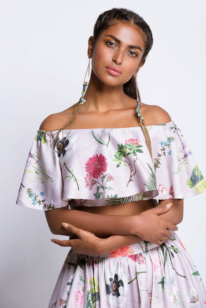 Lilac Printed Dupion Silk Ruffle Top and Lehenga