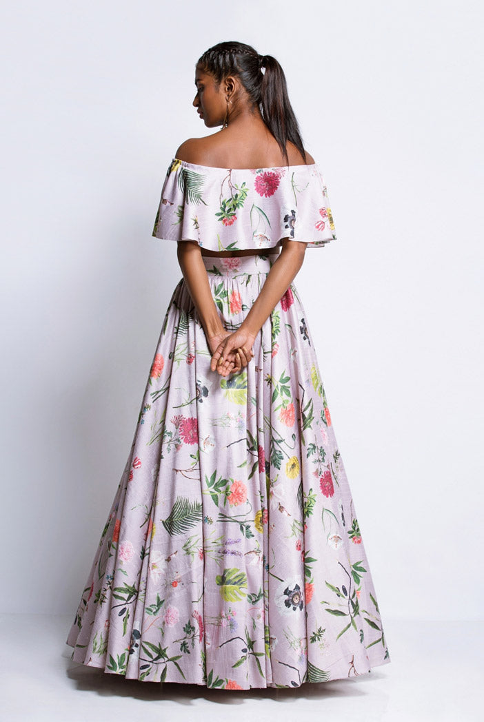 Lilac Printed Dupion Silk Ruffle Top and Lehenga