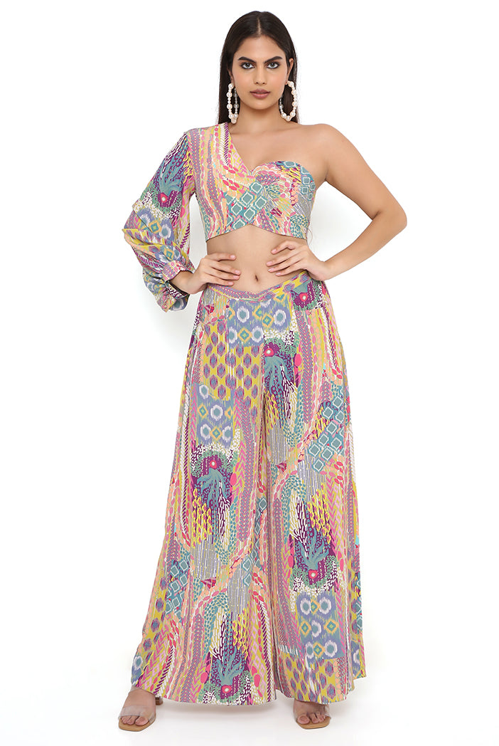 Lime African Print Crepe One Shoulder Top With Pallazo