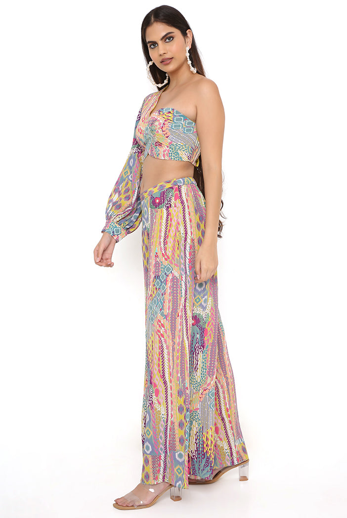 Lime African Print Crepe One Shoulder Top With Pallazo