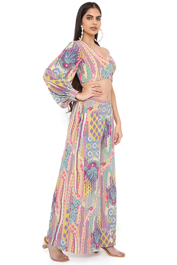 Lime African Print Crepe One Shoulder Top With Pallazo