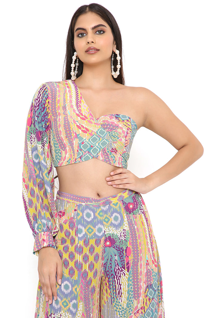 Lime African Print Crepe One Shoulder Top With Pallazo