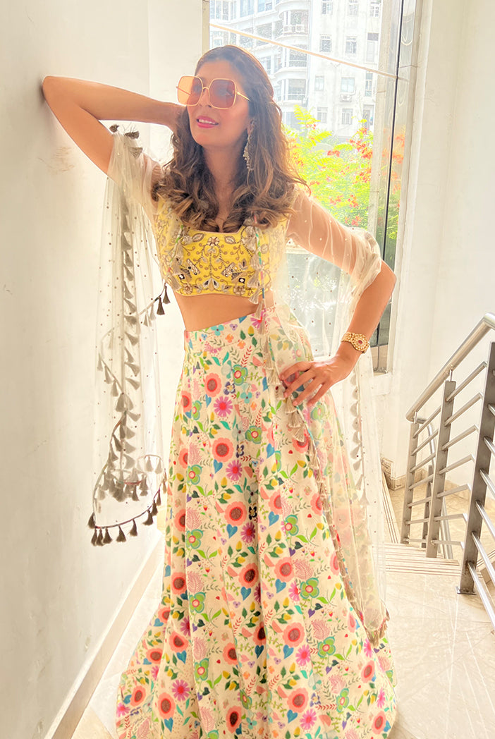 Lime Green Colour Embroidered Choli With Cream Printed Lehenga And Net Dupatta