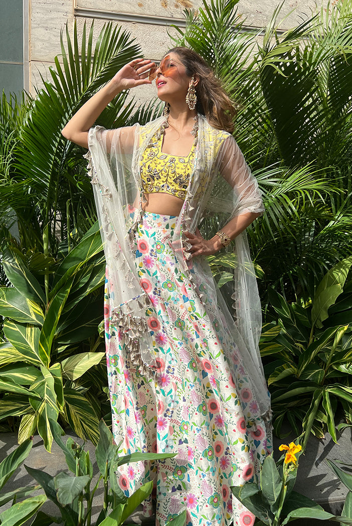Lime Green Colour Embroidered Choli With Cream Printed Lehenga And Net Dupatta