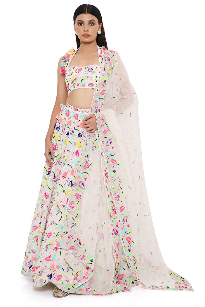 Alice Stone Georgette Embroidered Halter Neck Choli and Lehenga With Mukaish Organza Dupatta